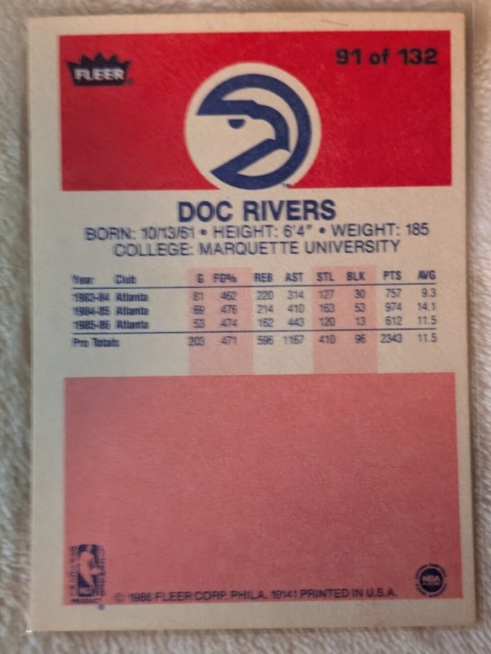 1986 Fleer DOC RIVERS #91 - Picture 2 of 2